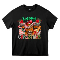 Black Happy Christmas Cow Heavy Core Tee - CowhideDigitalArt