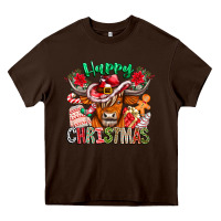 Chocolate Brown Happy Christmas Cow Heavy Core Tee - CowhideDigitalArt