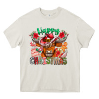 Cream Happy Christmas Cow Heavy Core Tee - CowhideDigitalArt