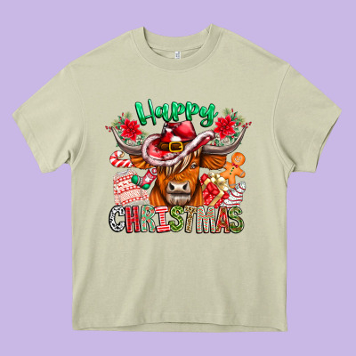 Happy Christmas Cow Heavy Core Tee Designed By Cowhidedigitalart