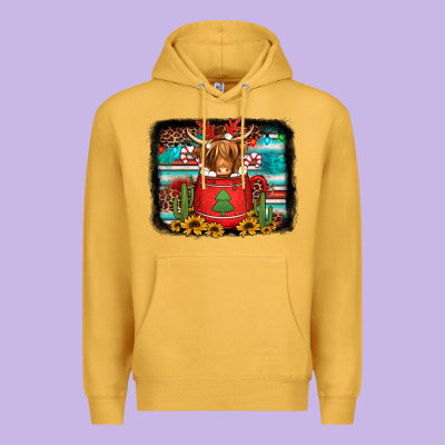 Hot Coco Christmas Highland Cow With Background Premium Hoodie Designed By Jasminsmagicworld