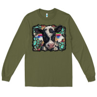 Army Green western background turquoises gemstones black and white baby cow Long Sleeve Tee - BarkalooDesign