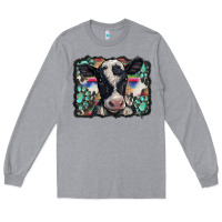 Heather Grey western background turquoises gemstones black and white baby cow Long Sleeve Tee - BarkalooDesign