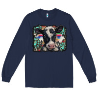 Navy western background turquoises gemstones black and white baby cow Long Sleeve Tee - BarkalooDesign