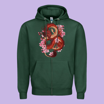 Zipper Hoodie red dragon and sakura cherry blossoms