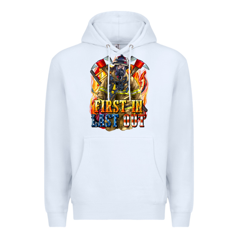 First In Last Out American Firefighter Premium Hoodie by LillyAllenDesigns | Teevron