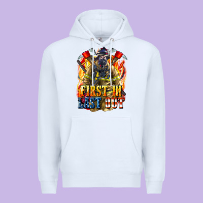 First In Last Out American Firefighter Premium Hoodie Designed By Lillyallendesigns