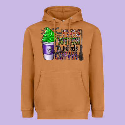 This Witch Needs Coffee Heavyweight Hoodie Designed By Cowhidedigitalart