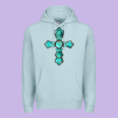 Western Turquoise Gemstone Cross Premium Hoodie Designed By Barkaloodesign