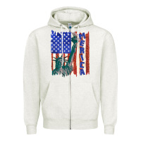 Oatmeal Heather usa flag with statue of liberty Zipper Hoodie - texasbilliewilder