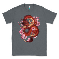 Charcoal Heather red dragon and sakura cherry blossoms Classic Tee - RanaPortraitStore