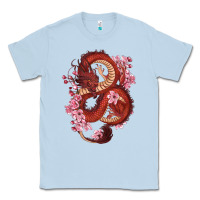 Dusty Blue red dragon and sakura cherry blossoms Classic Tee - RanaPortraitStore