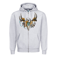 Heather Grey Boho Deer Skull Sunflowers And Gemstone Zipper Hoodie - RanaPortraitStore