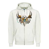 Oatmeal Heather Boho Deer Skull Sunflowers And Gemstone Zipper Hoodie - RanaPortraitStore