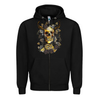 Black Bull Human Skull With Gold Roses Zipper Hoodie - RanaPortraitStore
