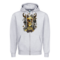 Heather Grey Bull Human Skull With Gold Roses Zipper Hoodie - RanaPortraitStore