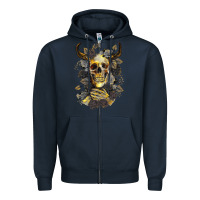 Navy Bull Human Skull With Gold Roses Zipper Hoodie - RanaPortraitStore