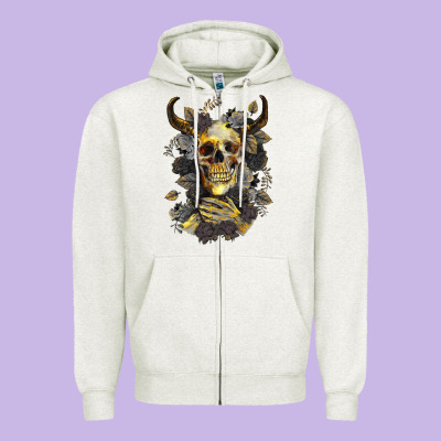 Zipper Hoodie Bull Human Skull With Gold Roses