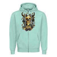 Seafoam Bull Human Skull With Gold Roses Zipper Hoodie - RanaPortraitStore