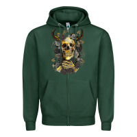 Sports Green Bull Human Skull With Gold Roses Zipper Hoodie - RanaPortraitStore