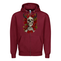 Burgundy Bull Human Skull With Roses Zipper Hoodie - RanaPortraitStore