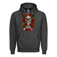 Charcoal Heather Bull Human Skull With Roses Zipper Hoodie - RanaPortraitStore