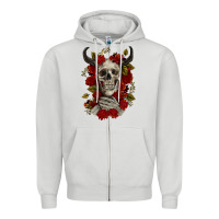 Dove Grey Bull Human Skull With Roses Zipper Hoodie - RanaPortraitStore