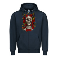 Navy Bull Human Skull With Roses Zipper Hoodie - RanaPortraitStore