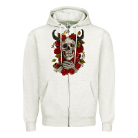 Oatmeal Heather Bull Human Skull With Roses Zipper Hoodie - RanaPortraitStore