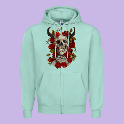 Zipper Hoodie Bull Human Skull With Roses