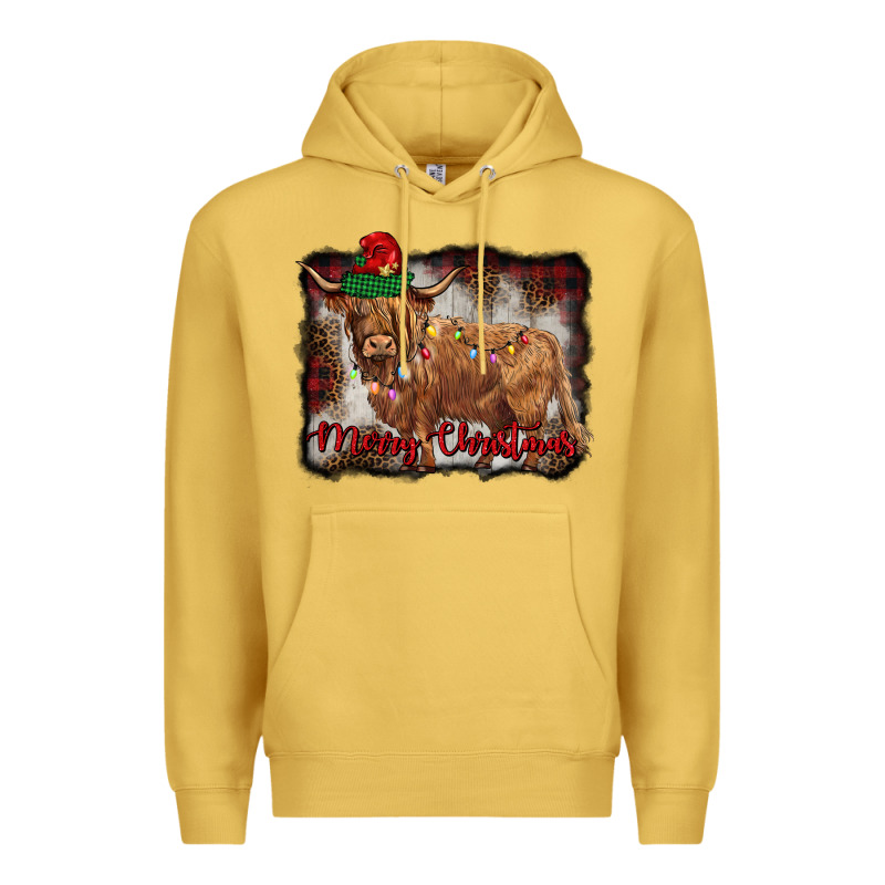 Merry Christmas Highland Cow Premium Hoodie by BarkalooDesign | Teevron