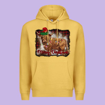 Merry Christmas Highland Cow Premium Hoodie Designed By Barkaloodesign
