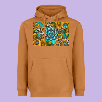 Western Turquoise And Sunflowers Skinny Metal Can Holder Heavyweight Hoodie Designed By Hra Design Shop