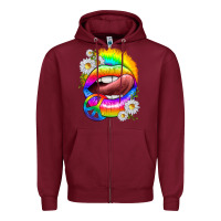 Burgundy rainbow lips with daisies Zipper Hoodie - texasbilliewilder