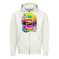 Oatmeal Heather rainbow lips with daisies Zipper Hoodie - texasbilliewilder