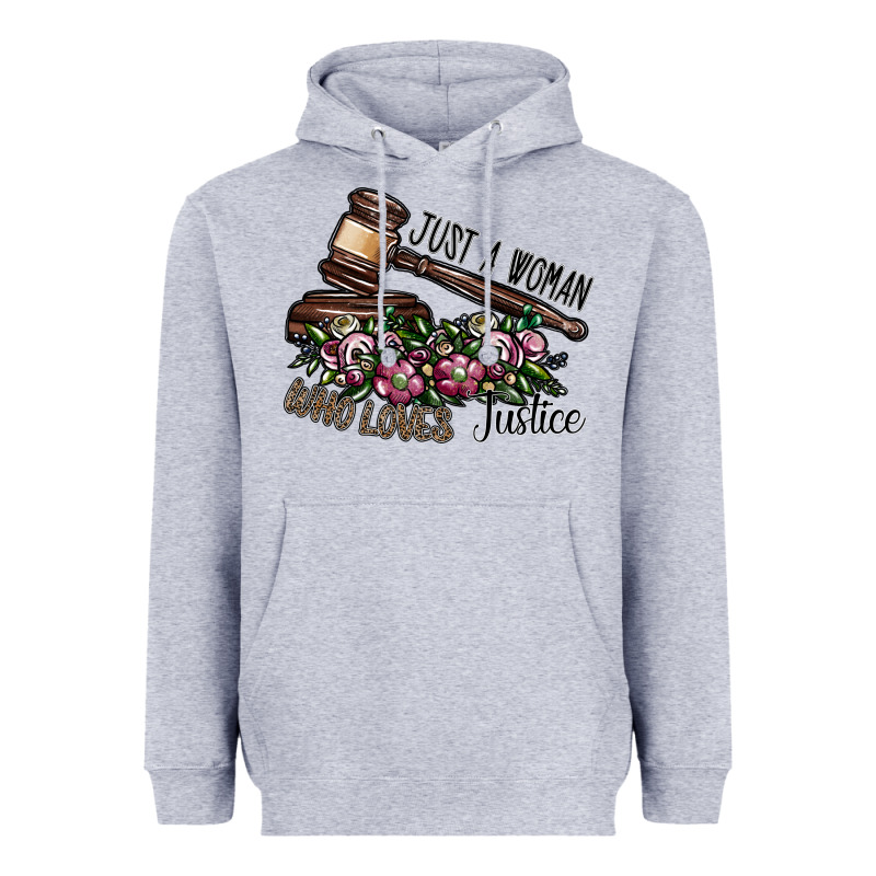Just A Woman Who Loves Justice Heavyweight Hoodie by SublimationCraftShop | Teevron