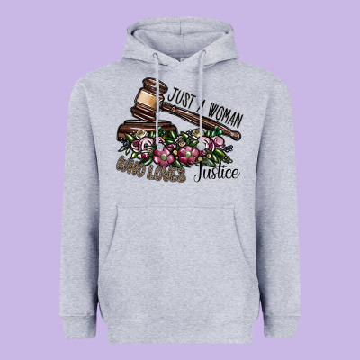 Just A Woman Who Loves Justice Heavyweight Hoodie Designed By Sublimationcraftshop