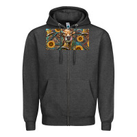 Charcoal Heather Cow With Aztec Leopard And Sunflower Zipper Hoodie - RanaPortraitStore