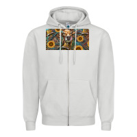 Dove Grey Cow With Aztec Leopard And Sunflower Zipper Hoodie - RanaPortraitStore