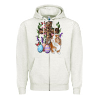 Oatmeal Heather Easter bunny and floral cross Zipper Hoodie - RanaPortraitStore