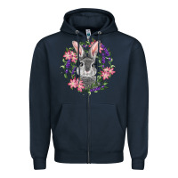 Navy Easter Bunny With Floral Wreath Zipper Hoodie - RanaPortraitStore