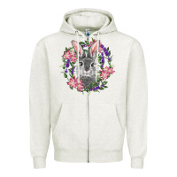 Oatmeal Heather Easter Bunny With Floral Wreath Zipper Hoodie - RanaPortraitStore