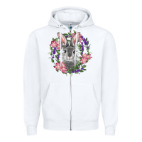 White Easter Bunny With Floral Wreath Zipper Hoodie - RanaPortraitStore