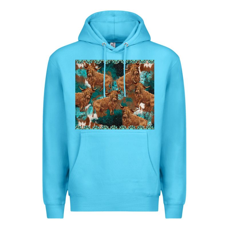 Turquoises Gemstones Cowhide Highlands Cow Premium Hoodie by BarkalooDesign | Teevron