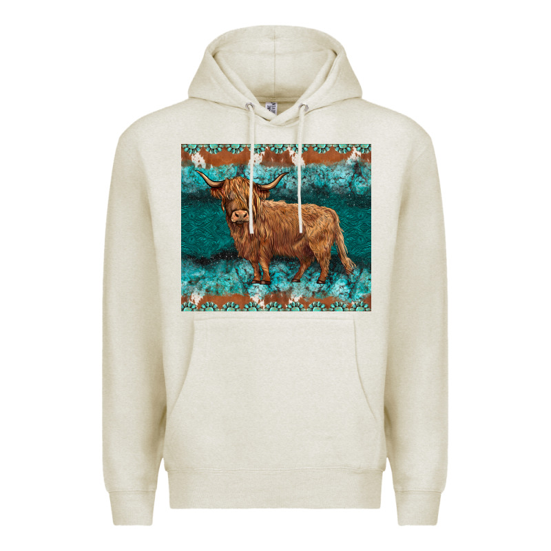 Turquoises Gemstones Cowhide Highland Cow Premium Hoodie by BarkalooDesign | Teevron
