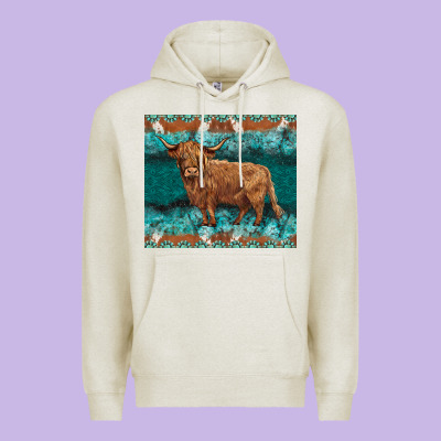 Turquoises Gemstones Cowhide Highland Cow Premium Hoodie Designed By Barkaloodesign