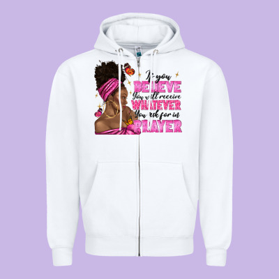 Zipper Hoodie afro woman bun and religion faith prayer