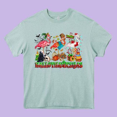 Happy Hallothanksmas Flamingo Heavy Core Tee Designed By Cowhidedigitalart