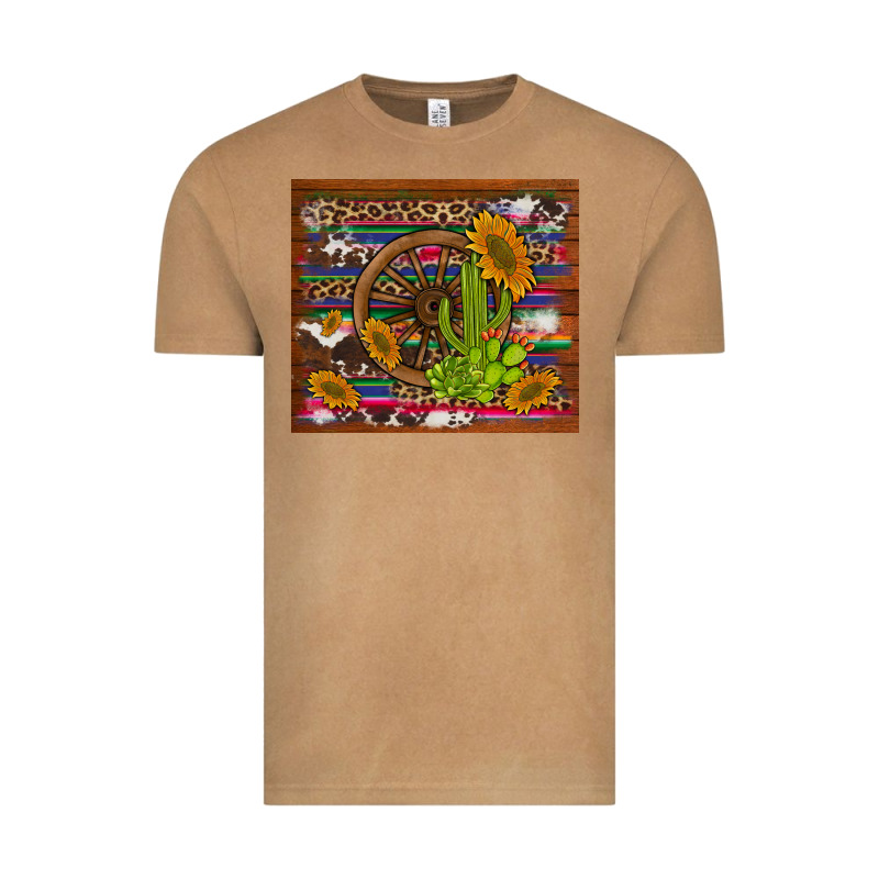 Cactus And Sunflowers With Old Wheel Serape Leopard Cowhide Background Vintage Tee by Artiststas | Teevron