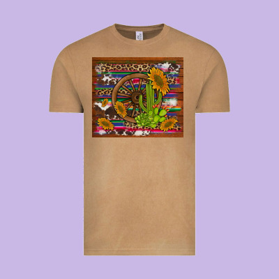 Cactus And Sunflowers With Old Wheel Serape Leopard Cowhide Background Vintage Tee Designed By Artiststas